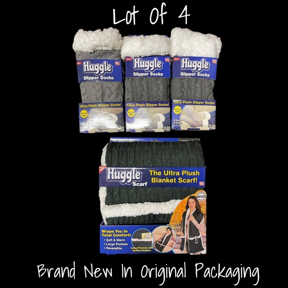 Huggle Slipper Socks Non-Slip Grips Ultra Plush Blanket Scarf Pockets X  4 New